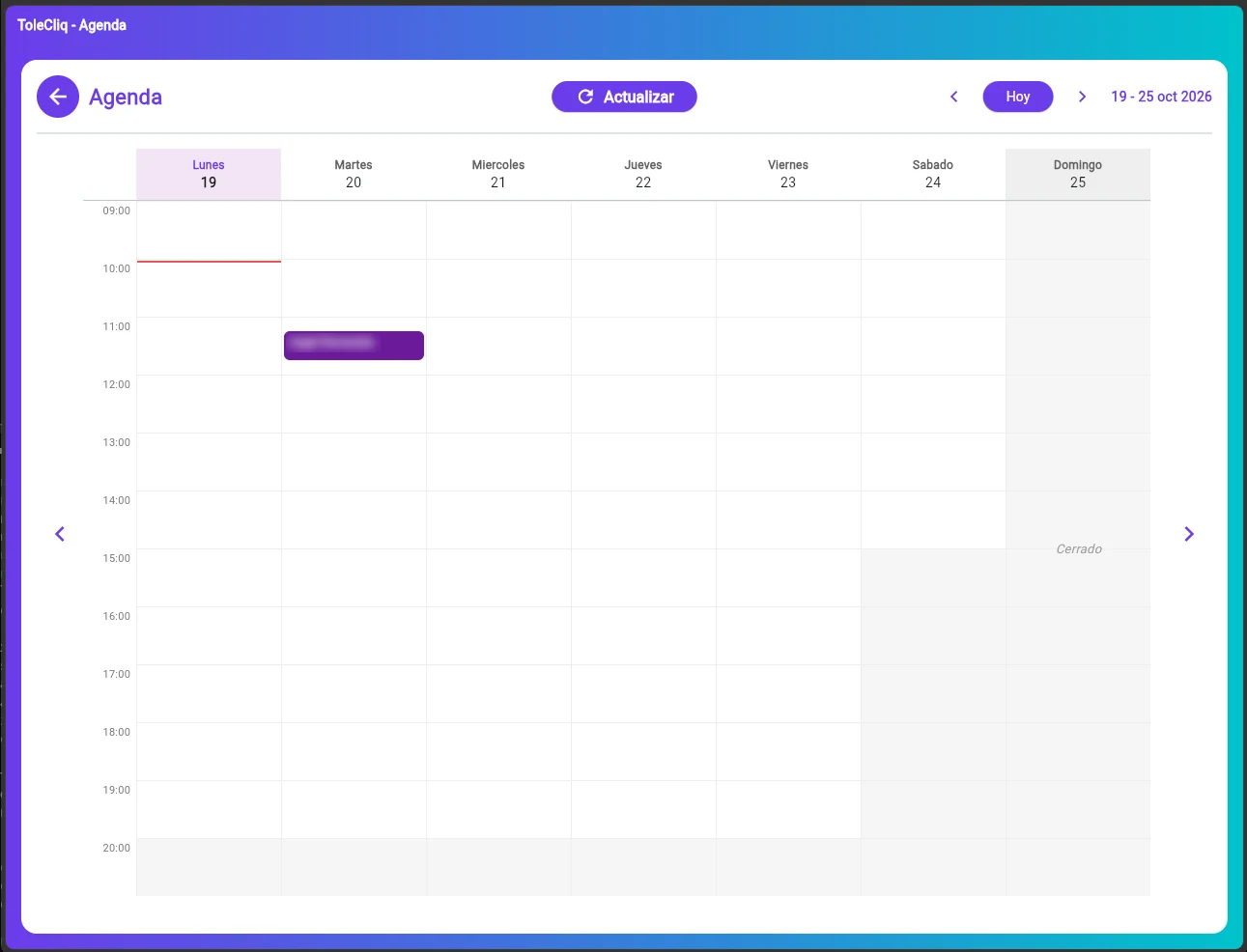 Agenda semanal de ToleCliq con las citas por día y por hora, y los horarios cerrados en gris