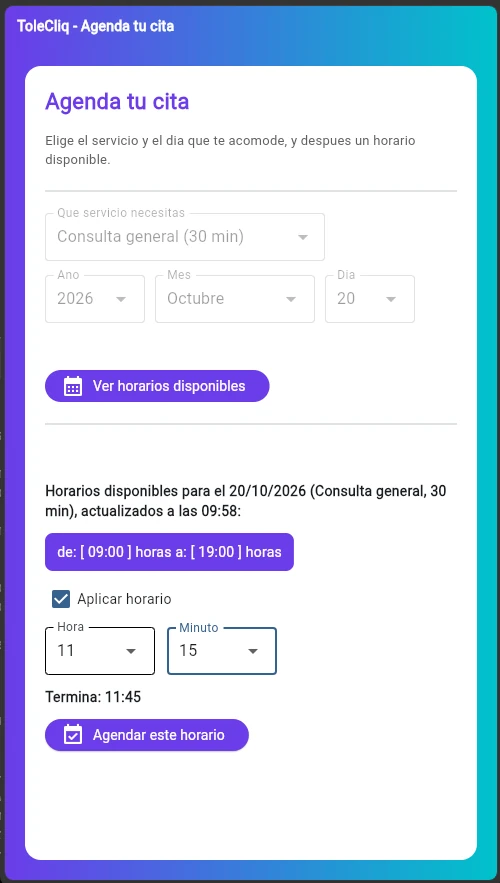 Pantalla de ToleCliq con el servicio, el día y los horarios disponibles para agendar una cita
