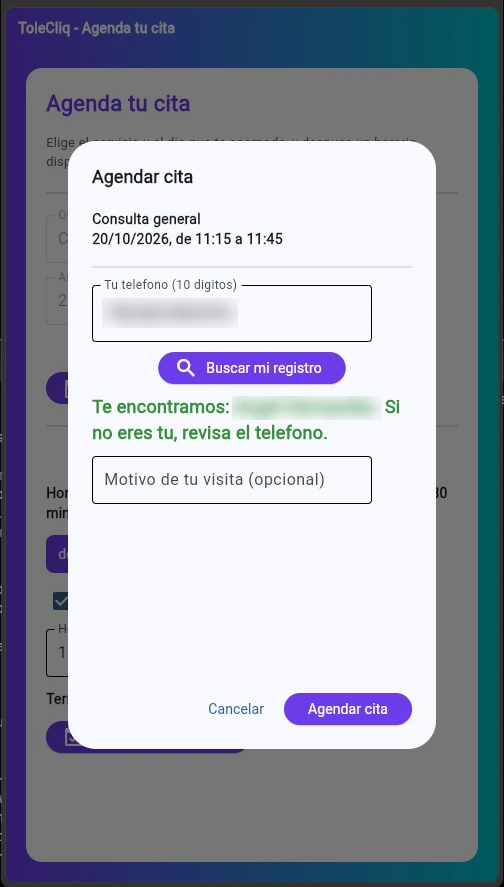 Ventana para escribir el teléfono del paciente, con el aviso de que ya lo encontraron en el sistema